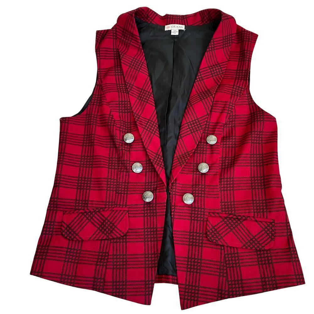 Guess Sz M Red & Black Plaid Double-Breasted Military Style Vest Punk Rock Y2K - Picture 2 of 16